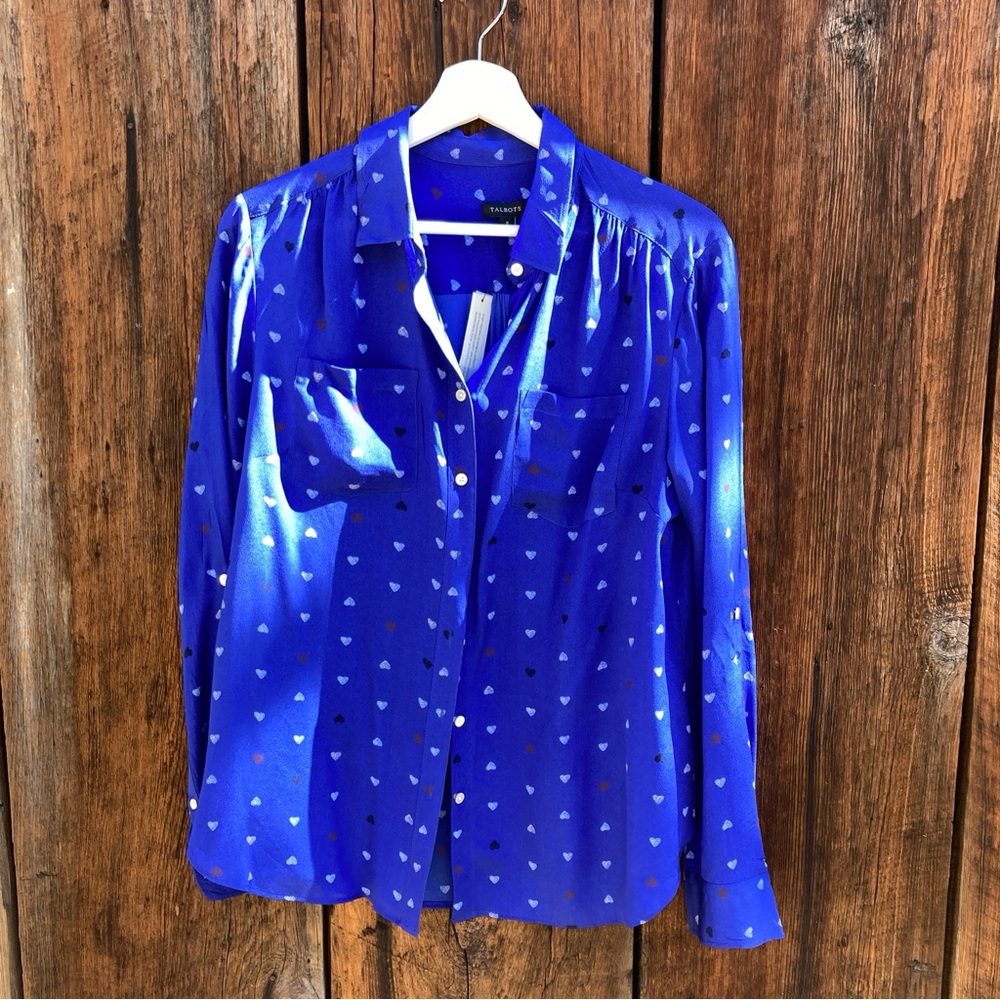 Talbots Woman Size Small Blue Polka Dot 100% SilkShirt Button Down Blouse
